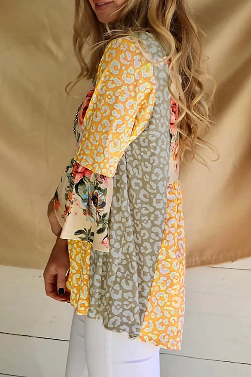 Kaynafashions - Fashion Print Patchwork Contrast O Neck Tops