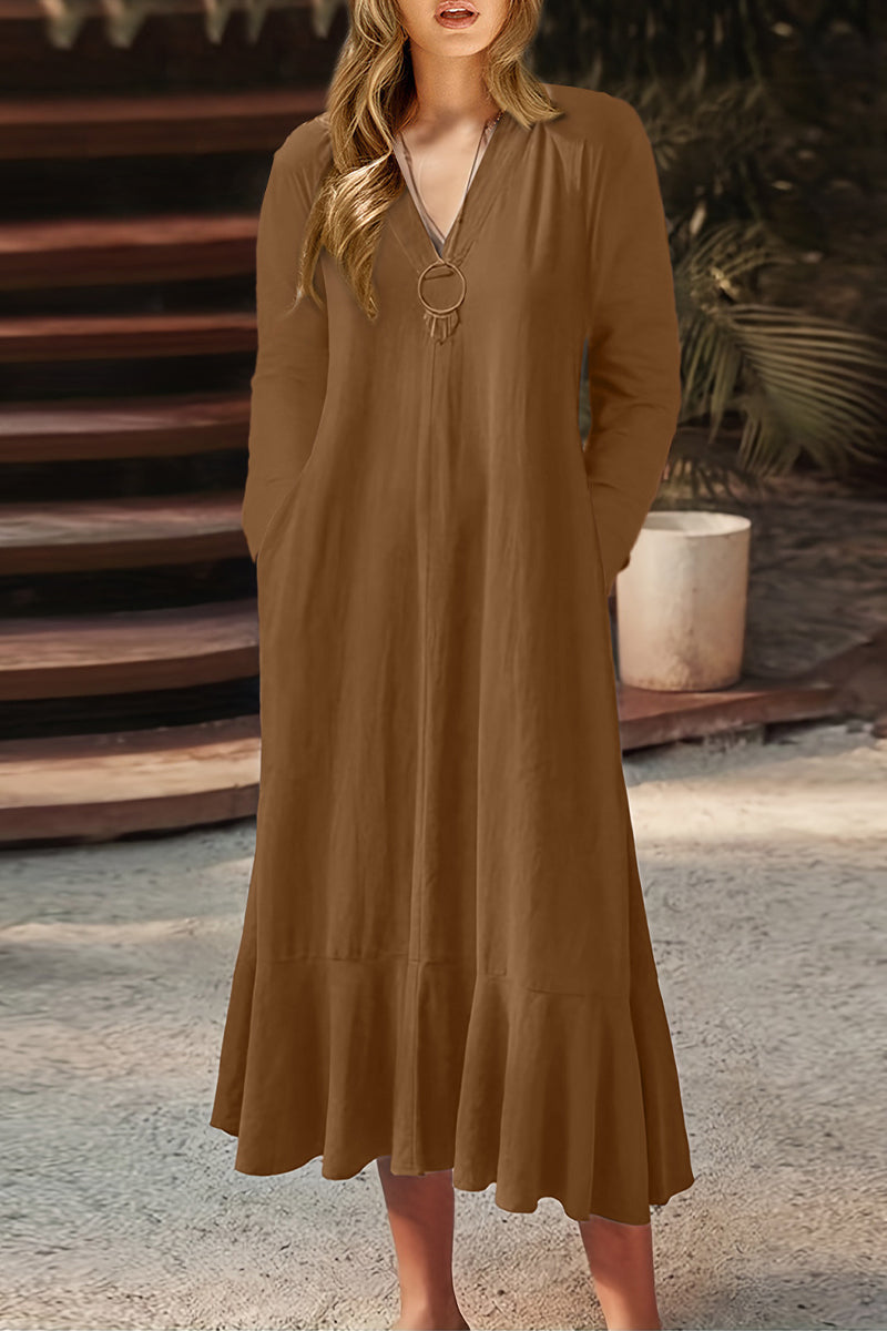 Kaynafashions - Casual Solid Pocket V Neck A Line Dresses