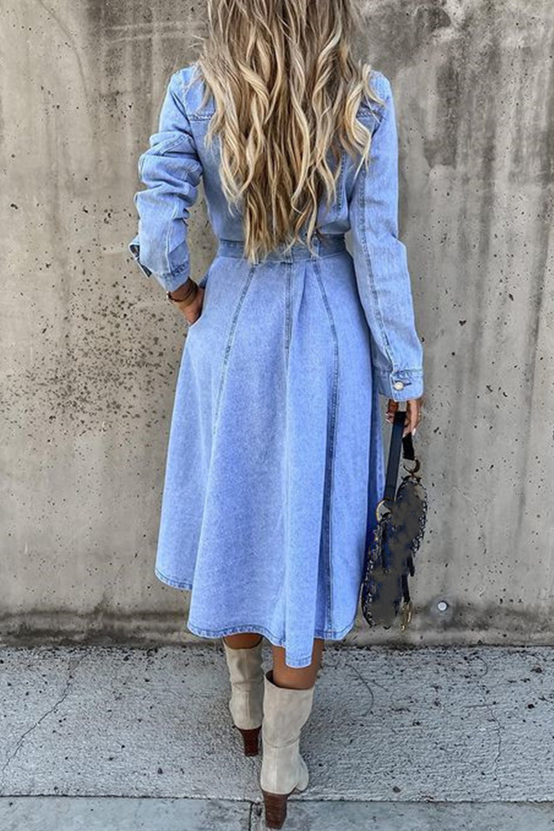 Kaynafashions - Work Elegant Solid Patchwork Pocket Frenulum Buckle Turndown Collar Long Sleeve High Waist Regular Denim Dresses