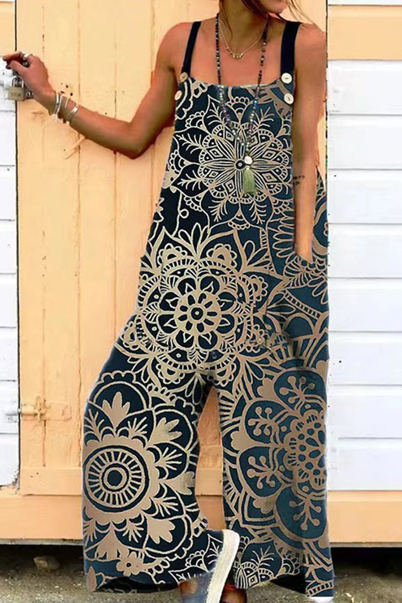 Kaynafashions - Casual Printing Spaghetti Strap Loose Jumpsuits(6 Colors)