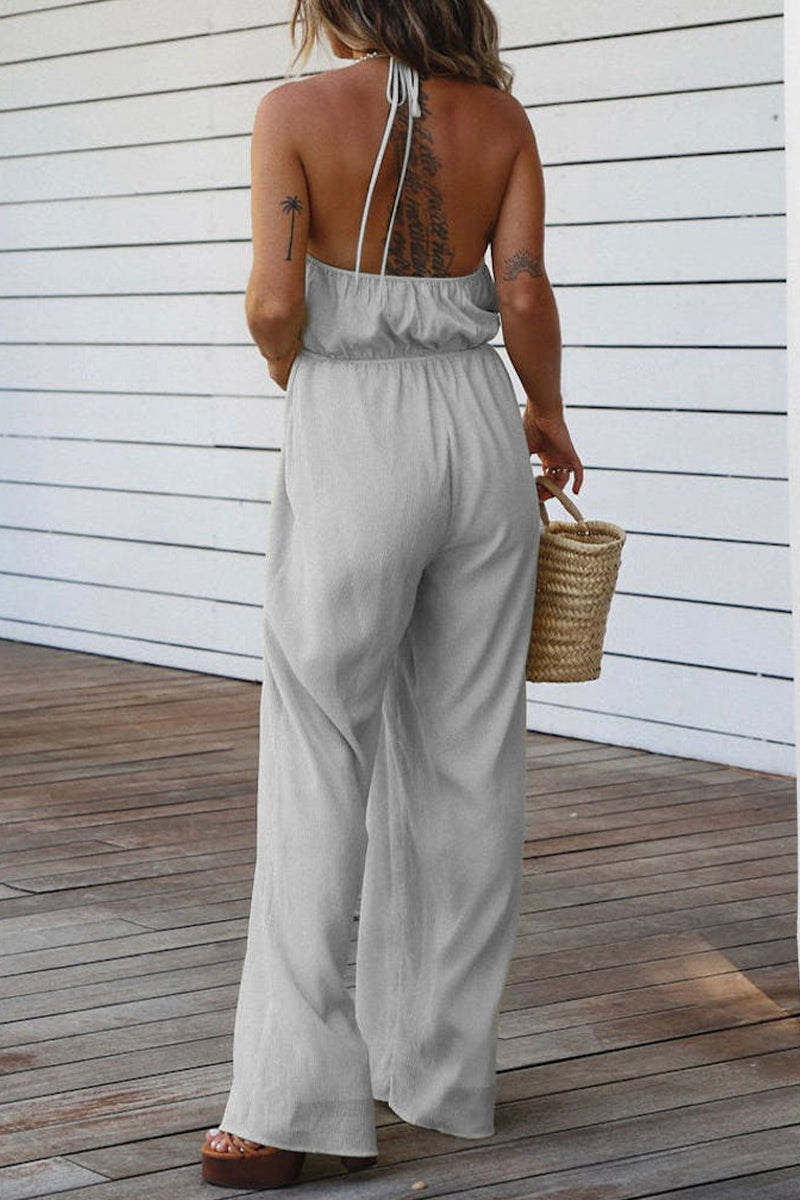 Kaynafashions - Casual Solid Backless V Neck Regular Jumpsuits(3 Colors)