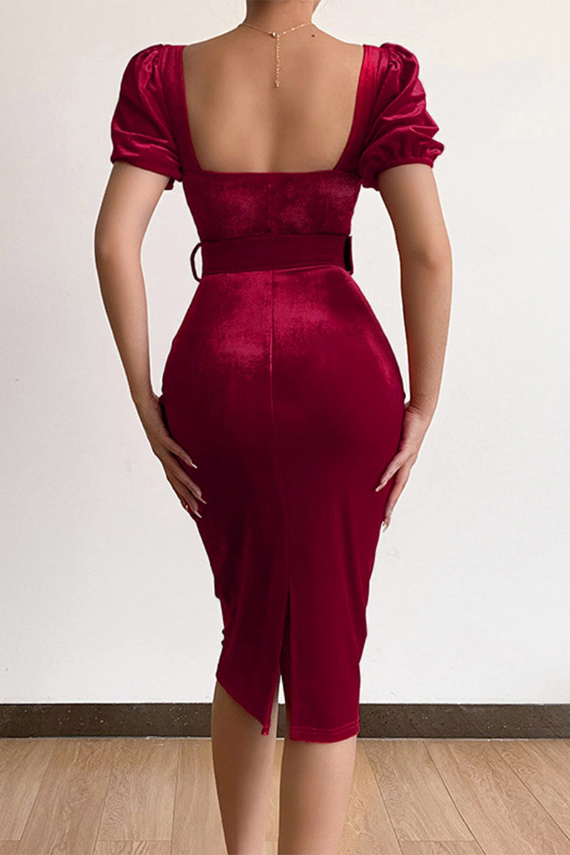 Kaynafashions - Elegant Solid With Belt Asymmetrical V Neck One Step Skirt Dresses(7 Colors)