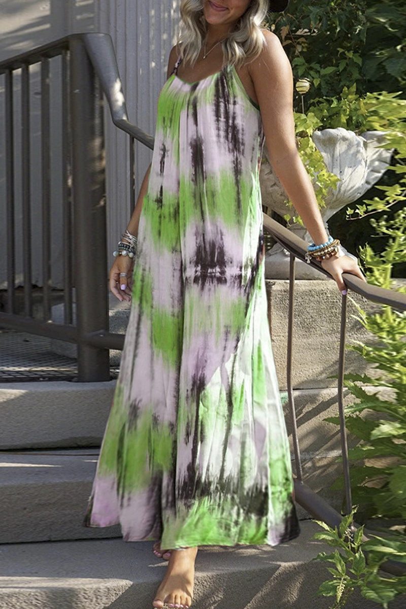 Kaynafashions - Casual Vacation Print Tie Dye Patchwork V Neck Sling Dress Dresses(7 Colors)