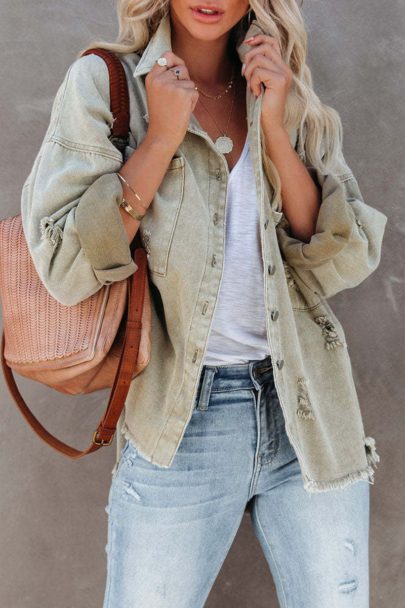 Kaynafashions - Casual Ripped Buckle Long Sleeve Loose Denim Jacket(4 Colors)
