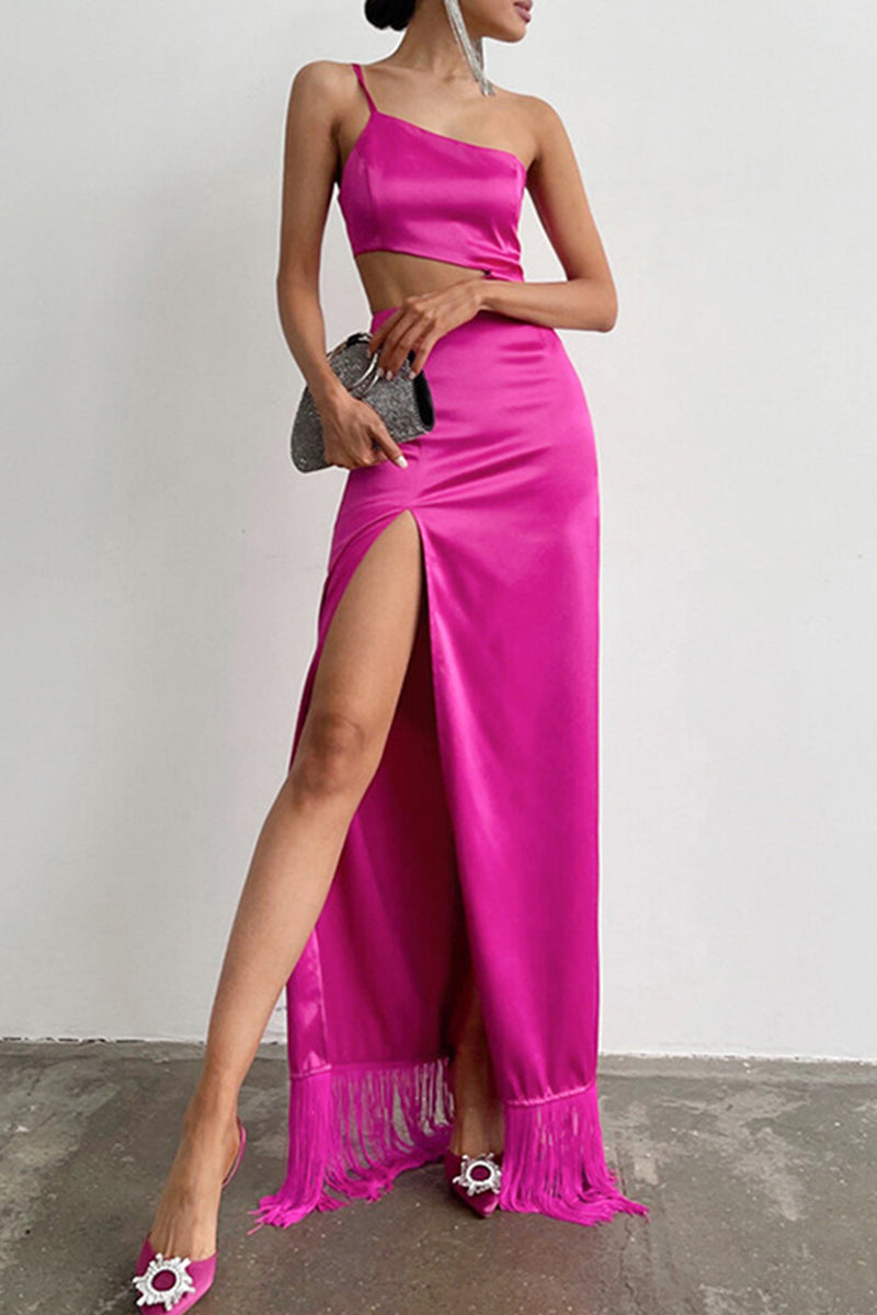 Kaynafashions - Sexy Party Solid Tassel Asymmetrical Oblique Collar Evening Dress Dresses