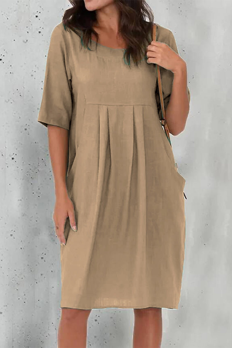 Kaynafashions - Casual Solid Fold O Neck Short Sleeve Dress Dresses