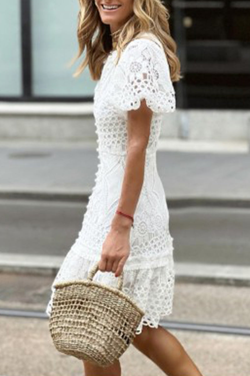 Kaynafashions - Celebrities Elegant Solid Lace Buttons O Neck Princess Short Sleeve Dress