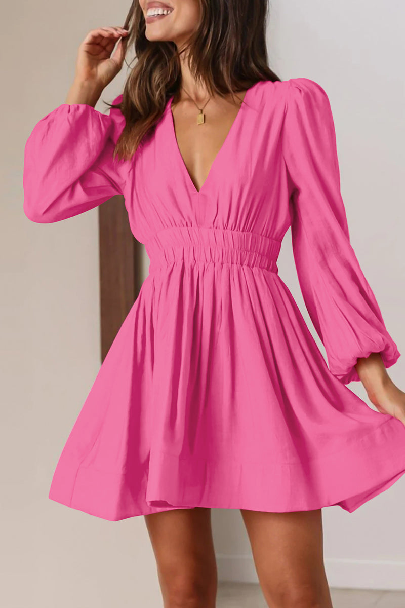 Kaynafashions - Casual Solid Fold V Neck Pleated Dresses