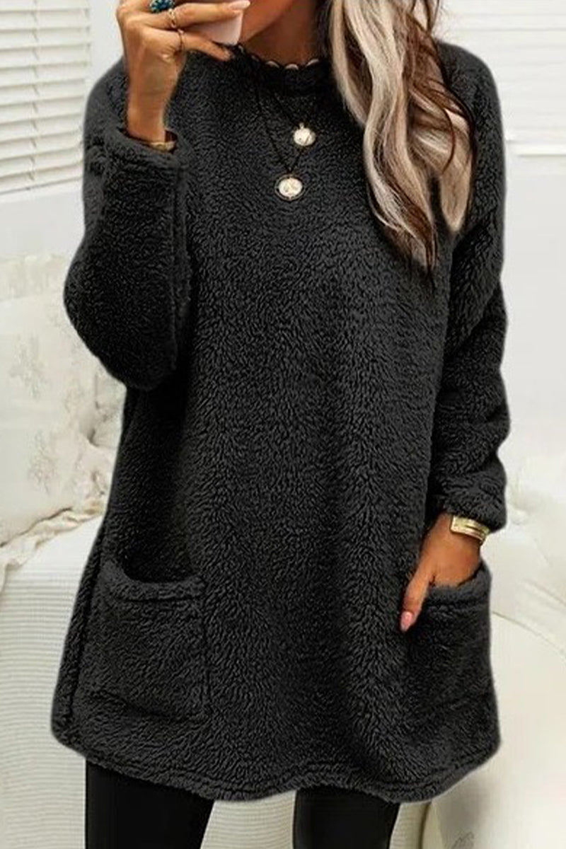 Kaynafashions - Street Pocket Solid Color O Neck Long Sleeve Tops(4 Colors)