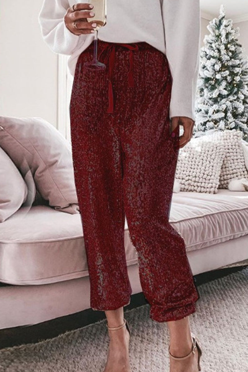 Kaynafashions - Simplicity Solid Sequins Flounce Straight High Waist Harlan Patchwork Bottoms(4 Colors)