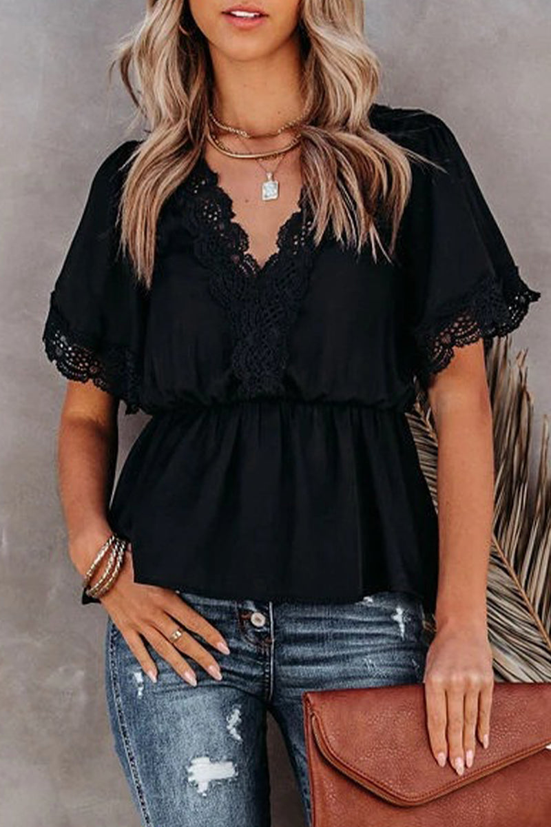 Kaynafashions - Casual Solid Patchwork V Neck Tops(4 Colors)