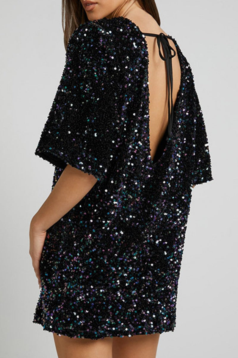 Kaynafashions - Casual Patchwork Sequins Frenulum Backless O Neck Dresses