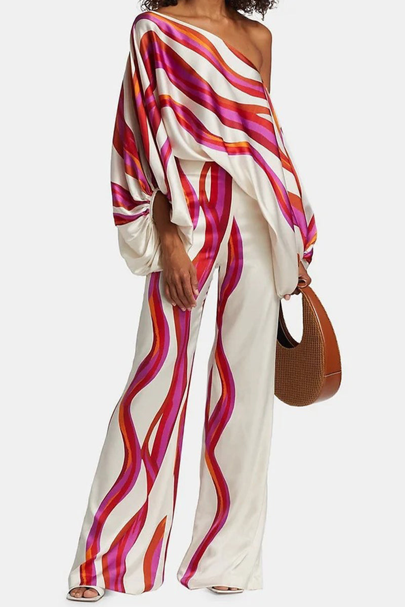 Kaynafashions - Casual Elegant Print Patchwork Off the Shoulder Long Sleeve Two Pieces(13 Colors)