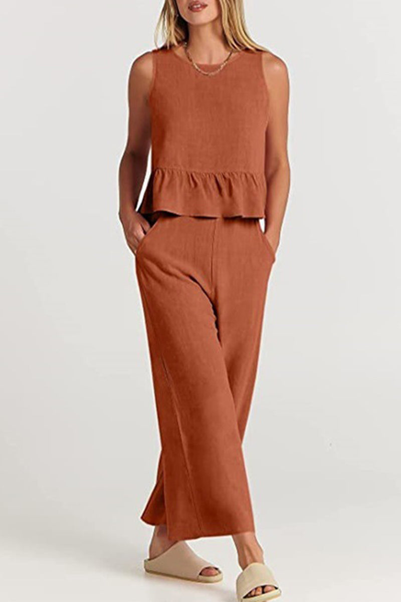 Kaynafashions - Casual Simplicity Solid Pocket Buttons O Neck Sleeveless Two Pieces