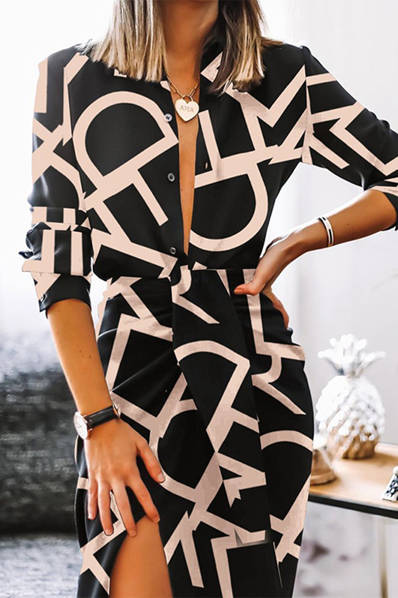 Kaynafashions - Casual Print Turndown Collar Shirt Dress Dresses
