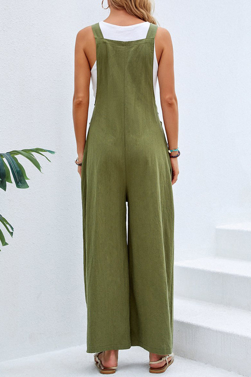 Kaynafashions - Casual Vacation Solid Buttons Square Collar Loose Jumpsuits(10 Colors)
