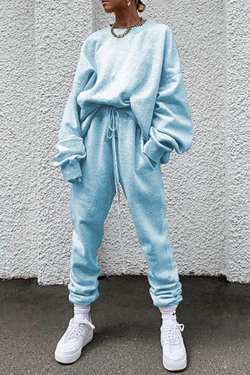 Kaynafashions - Casual Solid Pocket O Neck Long Sleeve Two Pieces