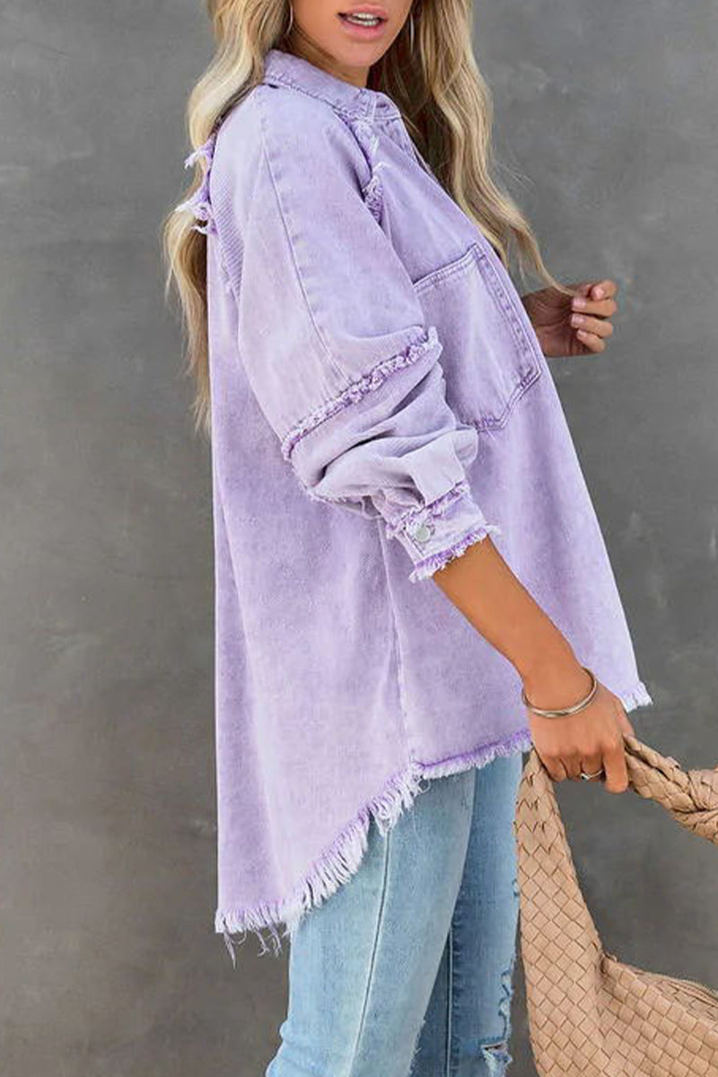 Kaynafashions - Fashion Tassel POLO collar Long Sleeve Straight Denim Jacket(3 Colors)