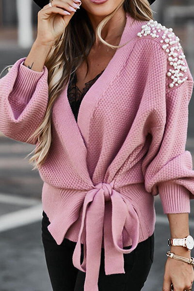 Kaynafashions - Casual Elegant Solid Beading Strap Design V Neck Sweater(3 Colors)