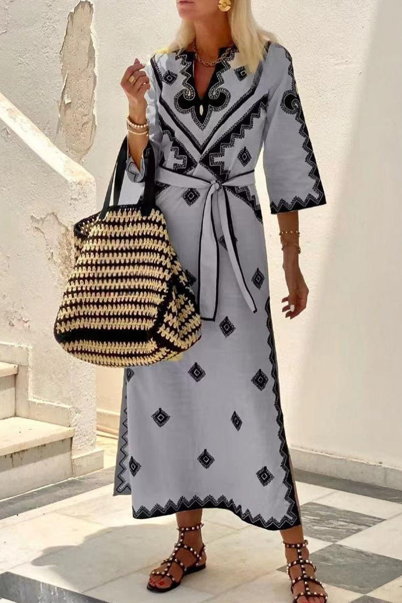 Kaynafashions - Bohemian Elegant Geometric Print With Belt V Neck A Line Dresses