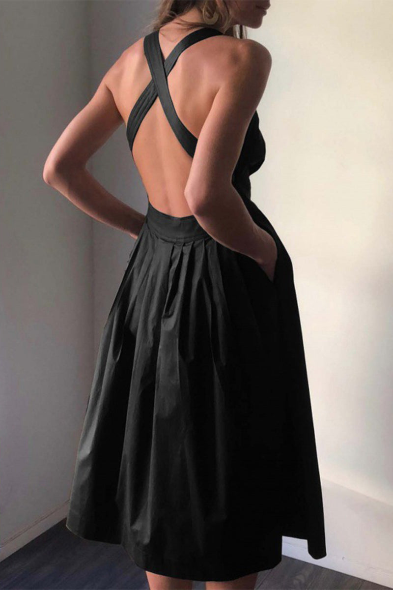 Kaynafashions - Casual Solid Pocket Backless Square Collar A Line Dresses