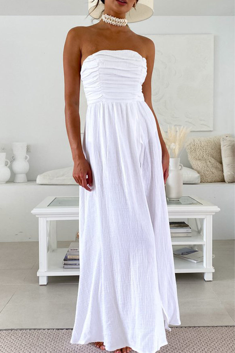 Kaynafashions - Celebrities Elegant Solid Slit Fold Strapless Irregular Dress Dresses