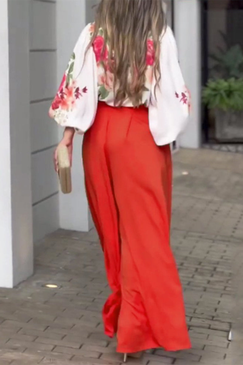 Kaynafashions - Elegant Floral Pocket V Neck Long Sleeve Two Pieces