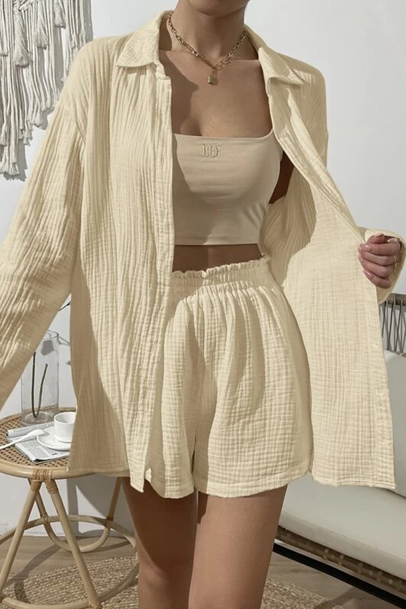 Kaynafashions - Casual Simplicity Solid Fold Turndown Collar Long Sleeve Two Pieces