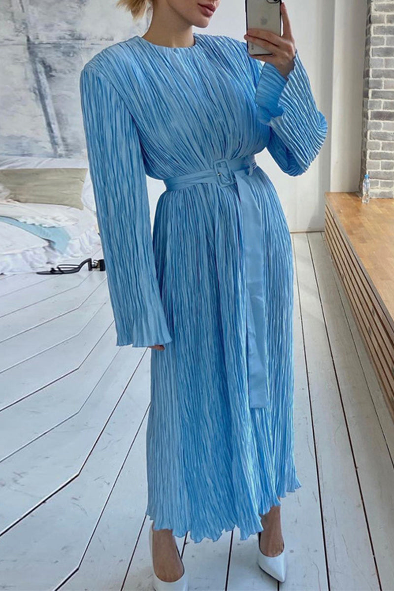 Kaynafashions - Elegant Solid Fold With Belt O Neck A Line Dresses