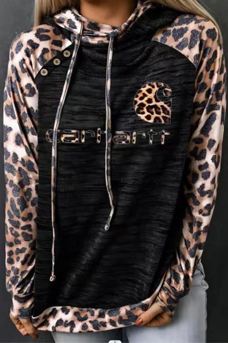 Kaynafashions - Casual Leopard Patchwork Buttons Hooded Collar Tops