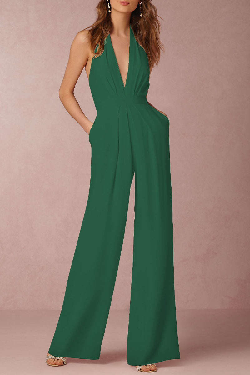 Kaynafashions - Sexy Elegant Solid Backless Fold V Neck Regular Jumpsuits(12 Colors)
