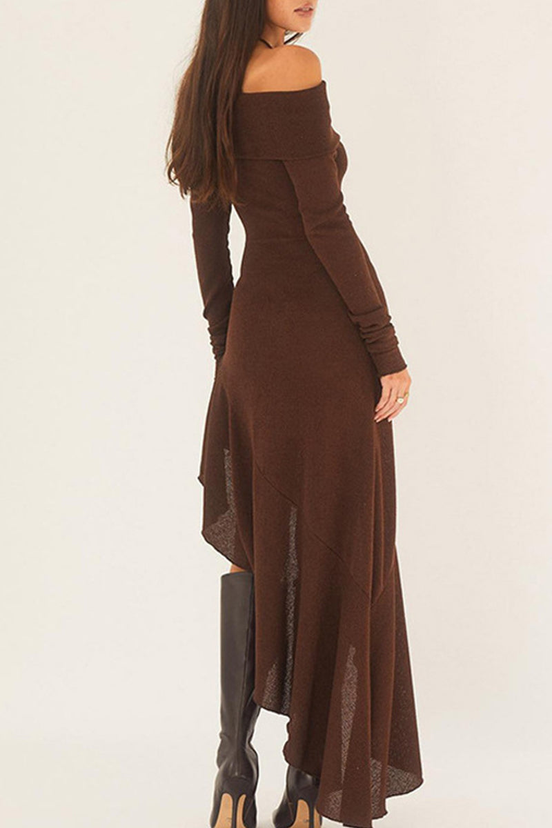 Kaynafashions - Sexy Solid Flounce Off the Shoulder Irregular Dress Dresses