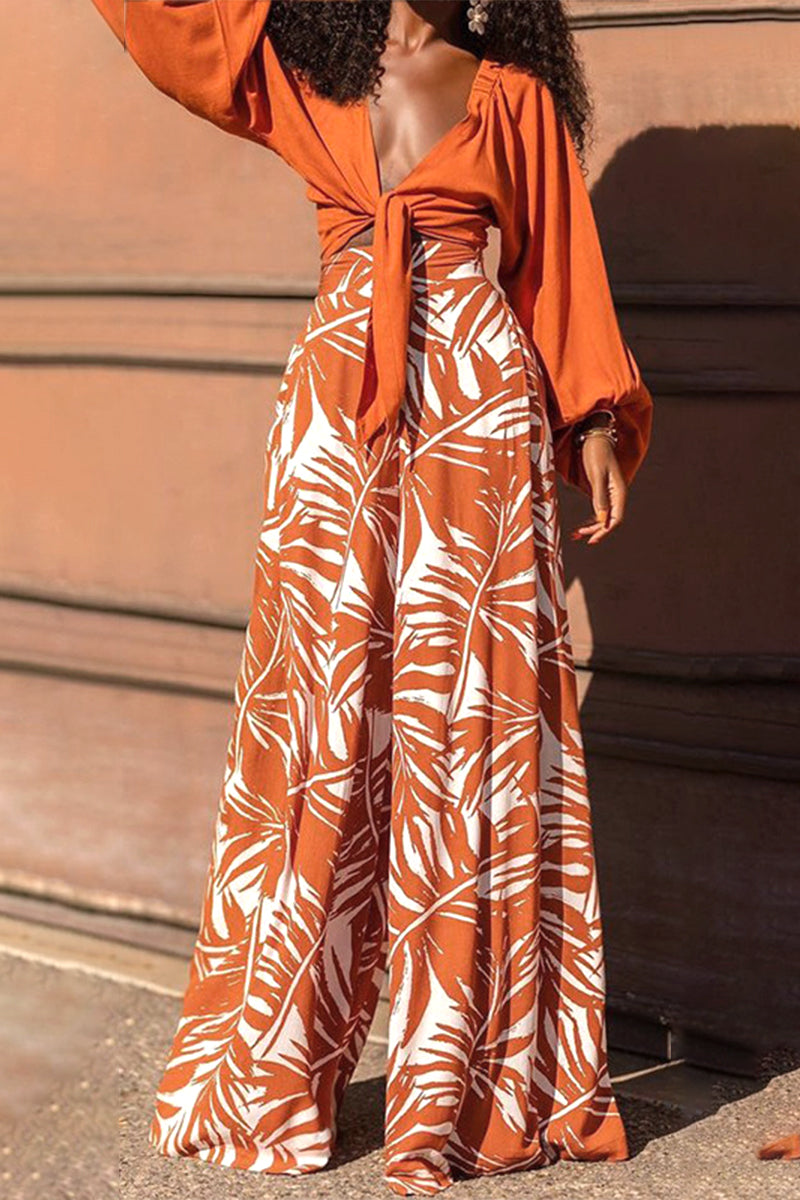 Kaynafashions - Work Elegant Print Patchwork V Neck Long Sleeve Two Pieces