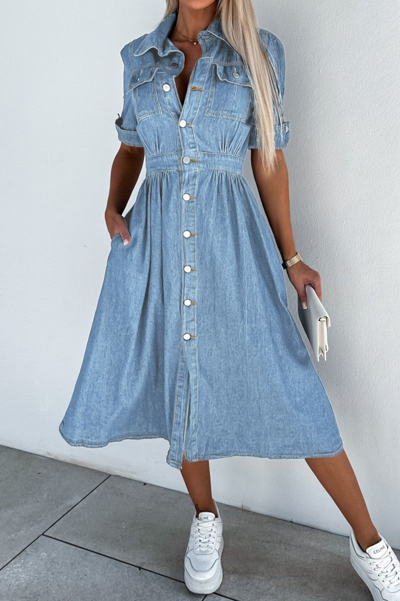 Kaynafashions - Casual Solid Patchwork Turndown Collar Short Sleeve High Waist Regular Denim Dresses