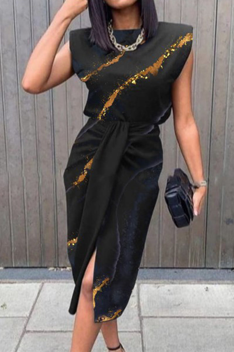 Kaynafashions - Elegant Print Printing O Neck A Line Dresses(5 Colors)