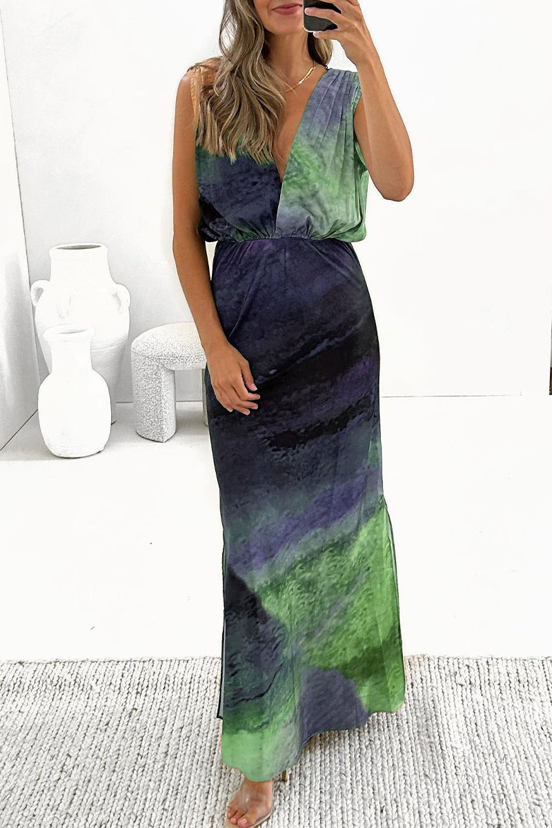 Kaynafashions - Casual Vacation Tie Dye Backless V Neck A Line Dresses