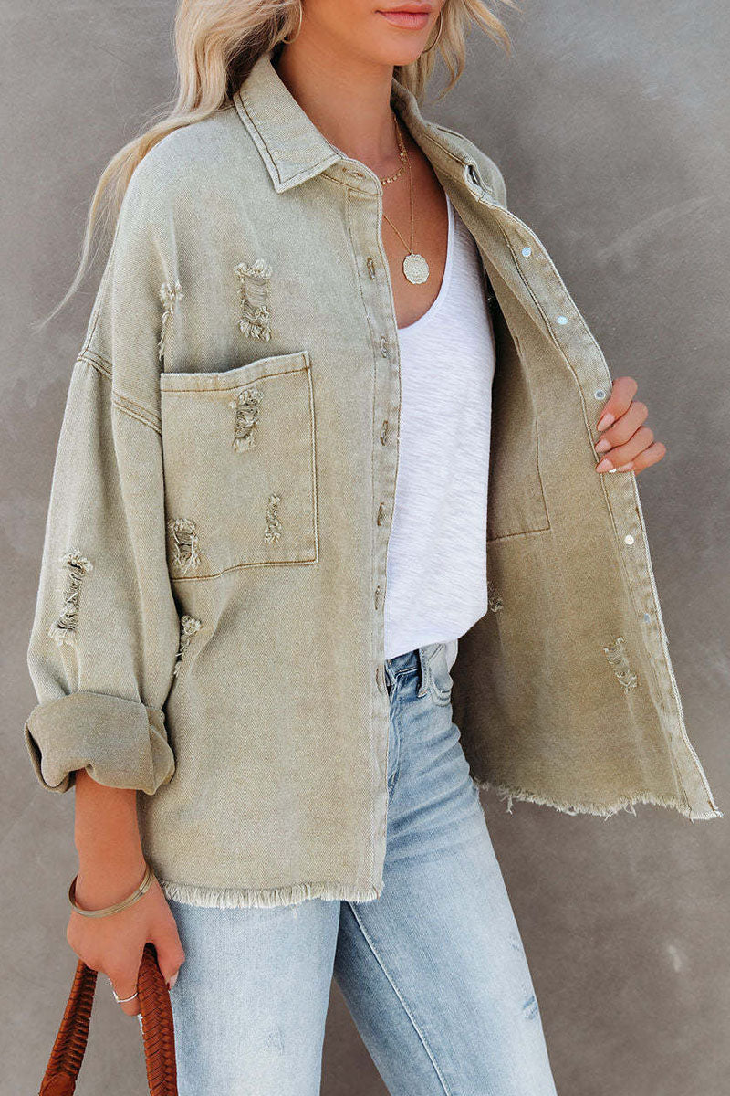 Kaynafashions - Casual Ripped Buckle Long Sleeve Loose Denim Jacket(4 Colors)