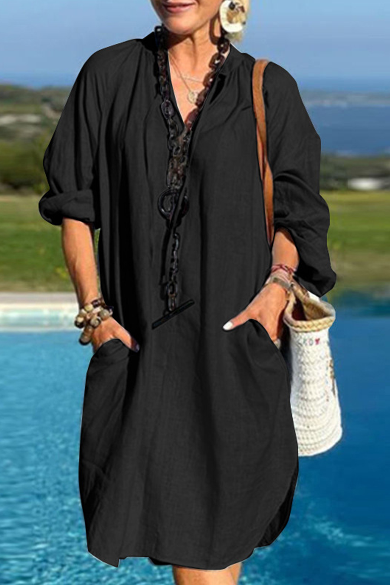 Kaynafashions - Casual Solid Patchwork V Neck Straight Dresses(3 Colors)