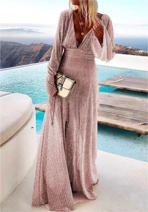 Kaynafashions - Party Solid Sequins V Neck Evening Dress Dresses