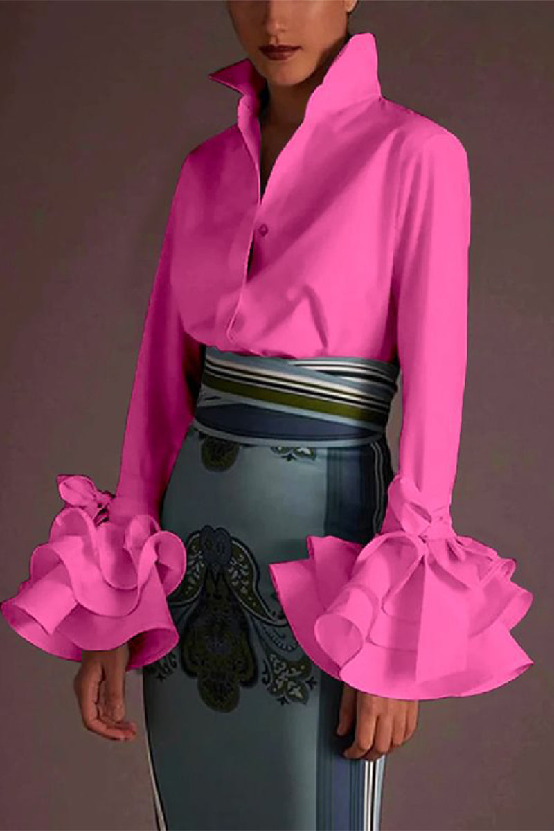 Kaynafashions - British Style Elegant Solid Buckle Turndown Collar Tops