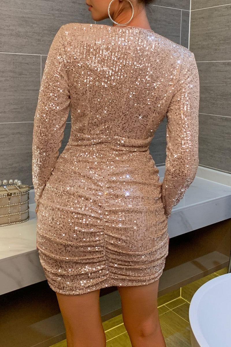 Kaynafashions - Sexy Patchwork Sequins Fold V Neck Long Sleeve Dresses(5 Colors)