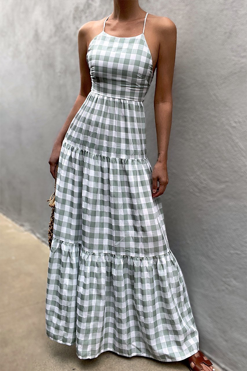 Kaynafashions - Casual Vacation Plaid Frenulum Backless Halter Dresses