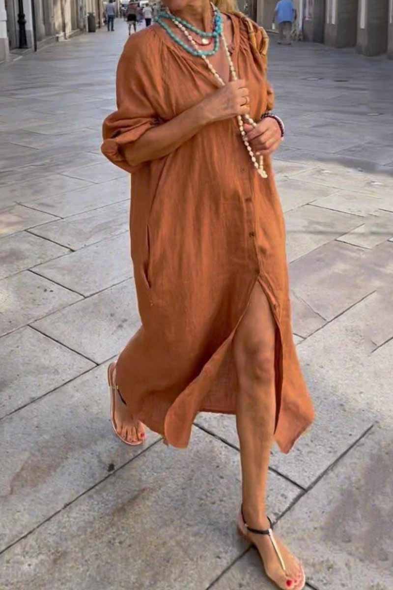 Kaynafashions - Casual Solid Patchwork Buckle O Neck Shirt Dress Dresses