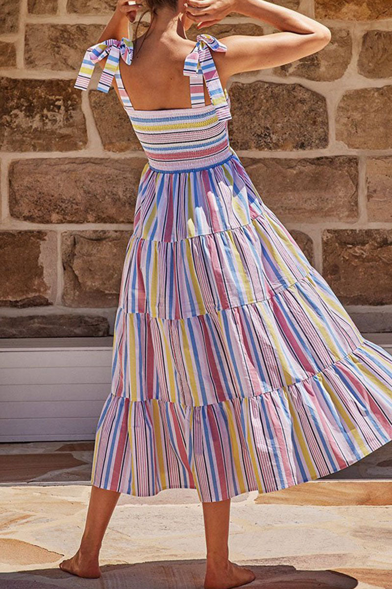 Kaynafashions - Casual Striped Print Bandage Patchwork Spaghetti Strap Sling Dress Dresses