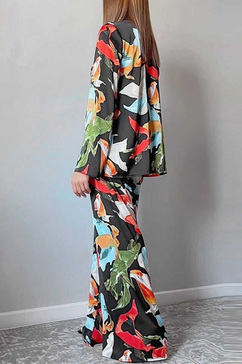 Kaynafashions - Casual Living Geometric Patchwork Turndown Collar Long Sleeve Two Pieces