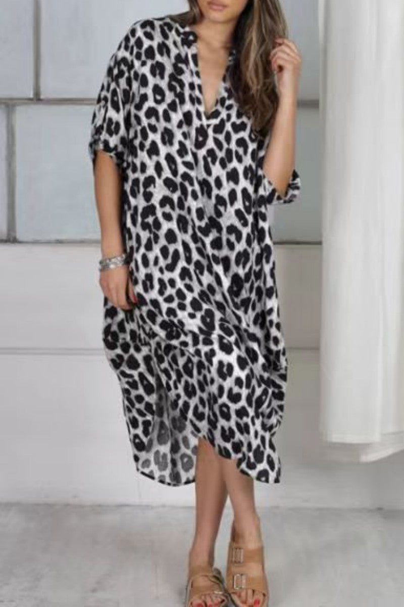 Kaynafashions - Casual Print Leopard Patchwork V Neck Printed Dress Dresses