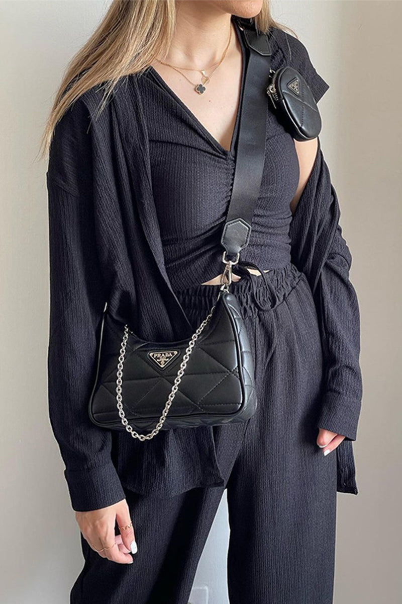 Kaynafashions - Casual Solid Draw String Fold Turndown Collar Long Sleeve Three Pieces(Shirt vest trousers)