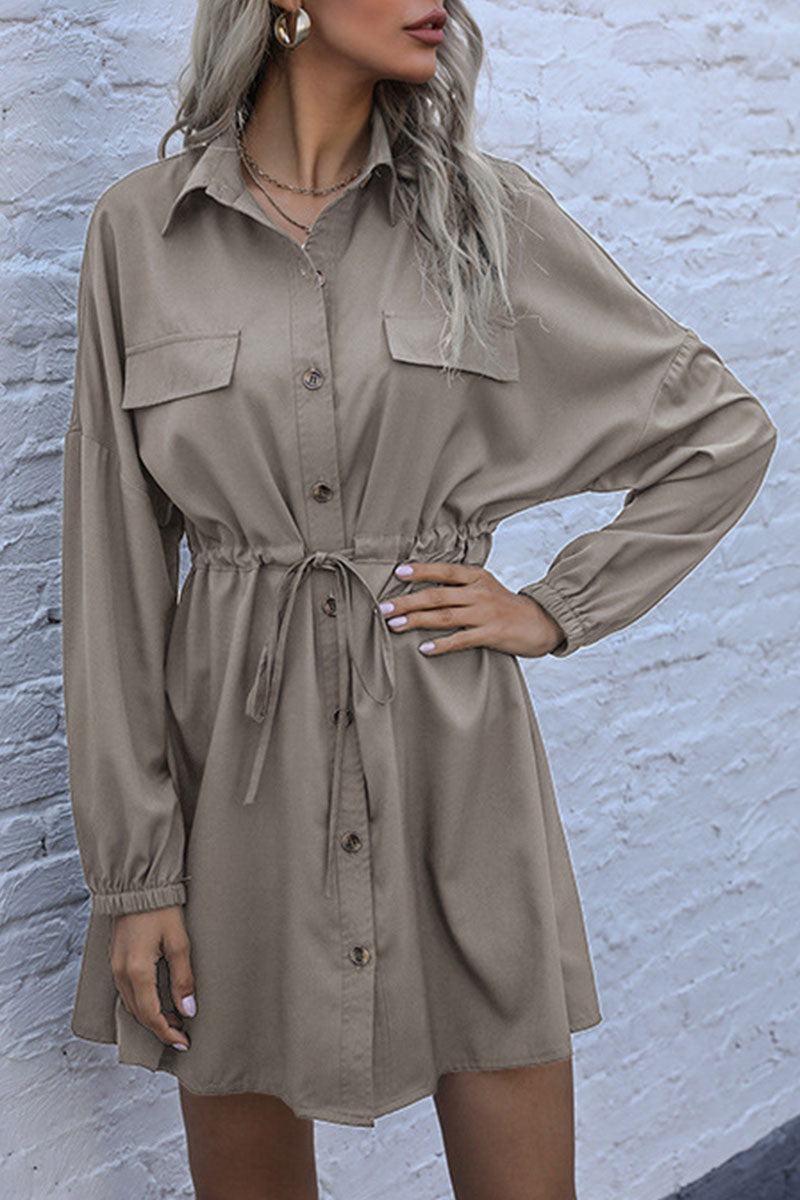 Kaynafashions - Fashion Street Solid Patchwork Turndown Collar A Line Dresses