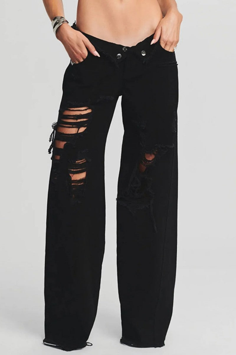 Kaynafashions - Casual Solid Ripped Patchwork Mid Waist Regular Denim Jeans (Subject To The Actual Object)