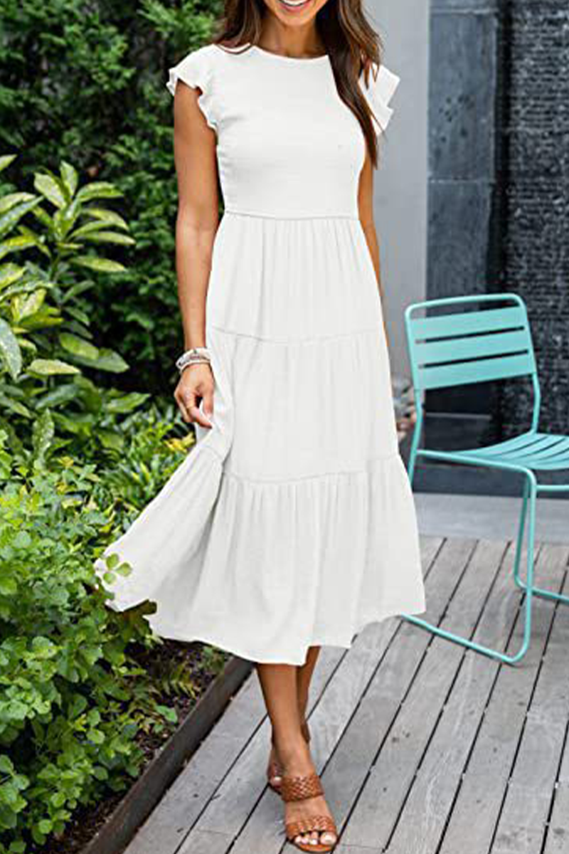 Kaynafashions - Fashion Solid Flounce O Neck Cake Skirt Dresses(9 colors)